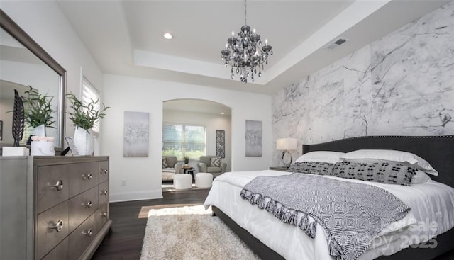 411 Newstyle Way, Gastonia, NC 28056 - bedroom with arched walkways, dark wood-type flooring, a chandelier, recessed lighting, and baseboards