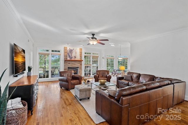 3506 Cardiff Ln, Matthews, NC 28104 - living room featuring plenty of natural light, a ceiling fan, a stone fireplace, light wood finished floors, and ornamental molding