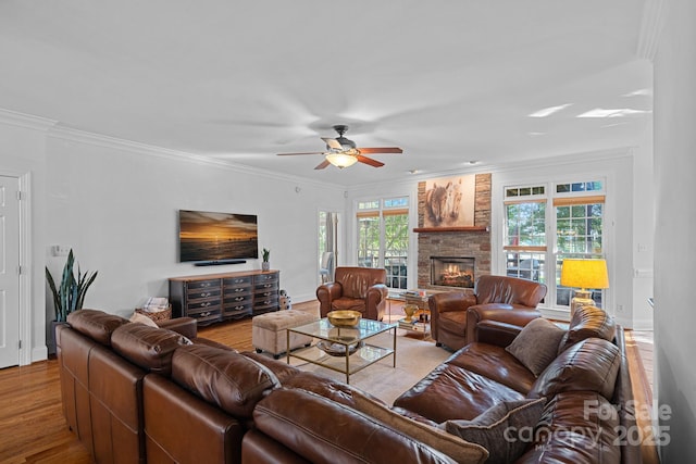 3506 Cardiff Ln, Matthews, NC 28104 - living room with wood finished floors, a ceiling fan, a stone fireplace, and ornamental molding