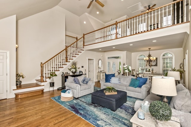 33 Stone House Rd, Arden, NC 28704 - living room featuring a ceiling fan, high vaulted ceiling, stairway, wood finished floors, and crown molding