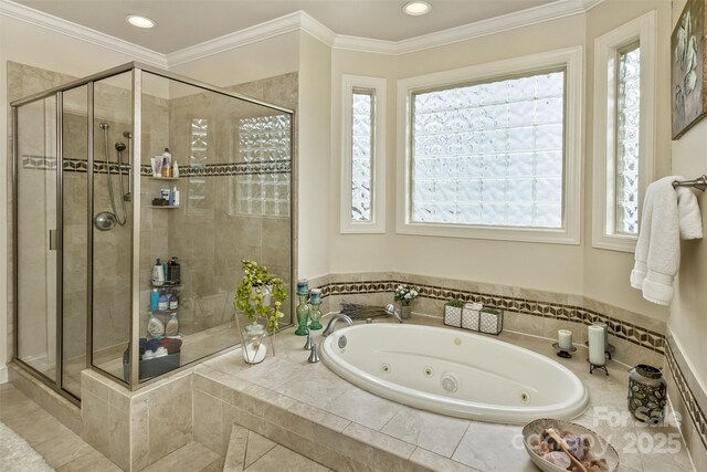 33 Stone House Rd, Arden, NC 28704 - full bath featuring a jetted tub, a shower stall, plenty of natural light, recessed lighting, and ornamental molding