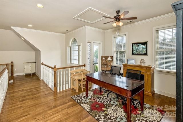 33 Stone House Rd, Arden, NC 28704 - office space featuring a ceiling fan, baseboards, light wood-style floors, ornamental molding, and recessed lighting