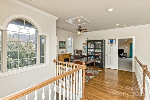33 Stone House Rd, Arden, NC 28704 - hall featuring attic access, crown molding, wood finished floors, an upstairs landing, and recessed lighting