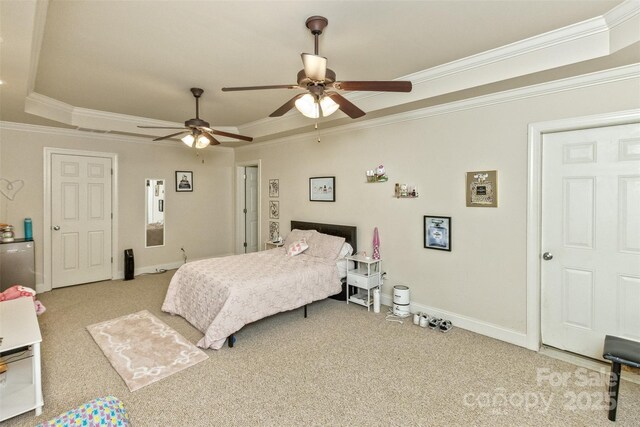 33 Stone House Rd, Arden, NC 28704 - carpeted bedroom with a raised ceiling, crown molding, baseboards, and a ceiling fan