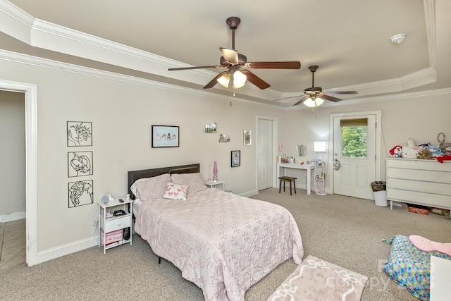 33 Stone House Rd, Arden, NC 28704 - bedroom with a raised ceiling, ornamental molding, carpet, baseboards, and ceiling fan