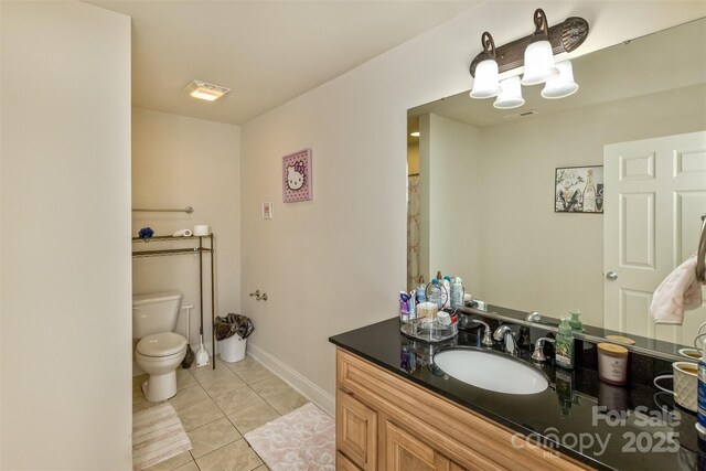 33 Stone House Rd, Arden, NC 28704 - bathroom featuring toilet, vanity, tile patterned flooring, baseboards, and a chandelier