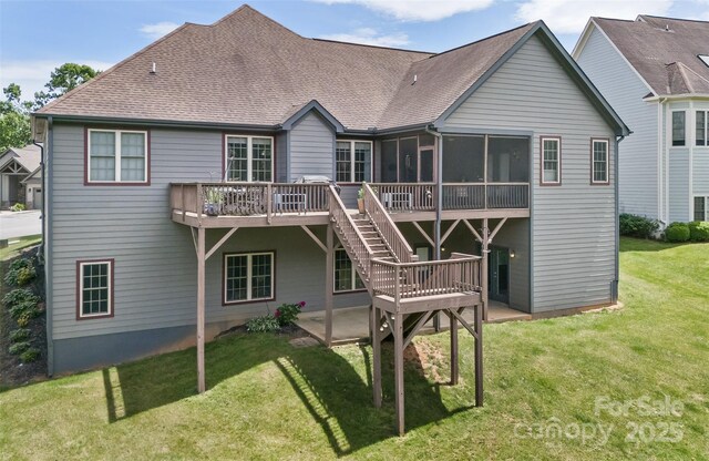 33 Stone House Rd, Arden, NC 28704 - back of house with a patio, a sunroom, a wooden deck, a lawn, and a shingled roof