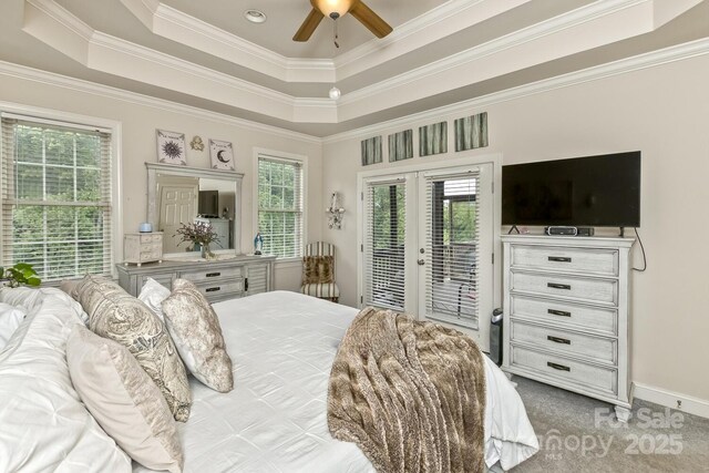 33 Stone House Rd, Arden, NC 28704 - carpeted bedroom with french doors, a tray ceiling, access to exterior, ornamental molding, and ceiling fan