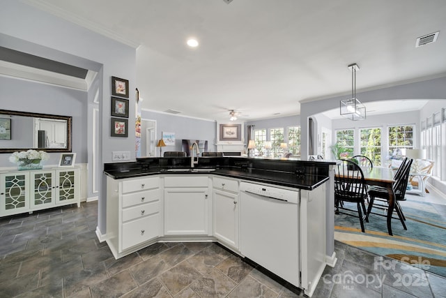 2224 Hartwell Ln, Fort Mill, SC 29707 - kitchen featuring white dishwasher, a ceiling fan, a sink, ornamental molding, and dark countertops