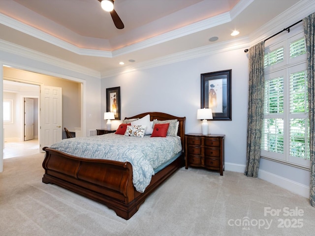 1509 Churchill Downs Dr, Waxhaw, NC 28173 - bedroom featuring carpet floors, crown molding, a tray ceiling, baseboards, and a ceiling fan
