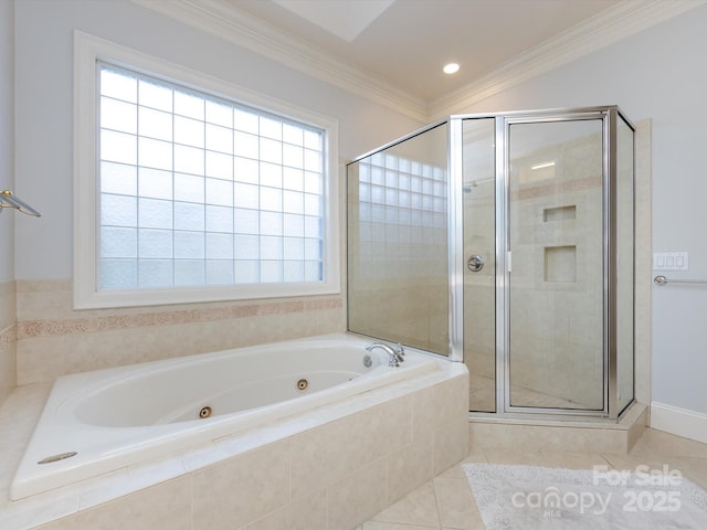 1509 Churchill Downs Dr, Waxhaw, NC 28173 - bathroom featuring a stall shower, a tub with jets, crown molding, and tile patterned flooring