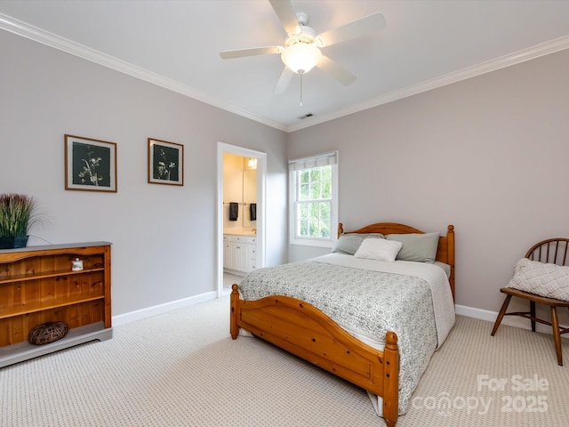1509 Churchill Downs Dr, Waxhaw, NC 28173 - bedroom with light carpet, baseboards, ornamental molding, ceiling fan, and ensuite bath