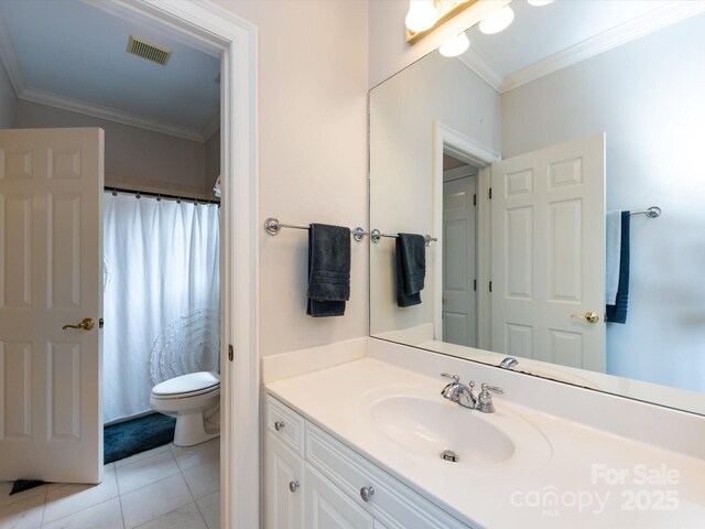 1509 Churchill Downs Dr, Waxhaw, NC 28173 - full bath featuring vanity, ornamental molding, toilet, tile patterned floors, and a shower with curtain