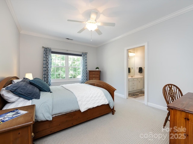 1509 Churchill Downs Dr, Waxhaw, NC 28173 - carpeted bedroom featuring crown molding, baseboards, a ceiling fan, and connected bathroom