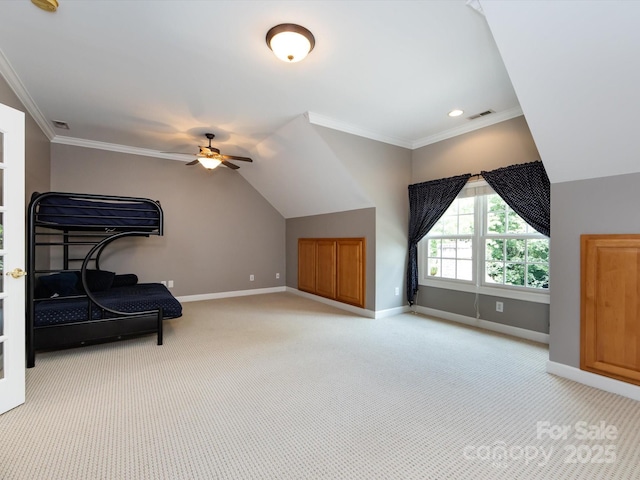 1509 Churchill Downs Dr, Waxhaw, NC 28173 - additional living space with light colored carpet, ceiling fan, baseboards, and lofted ceiling