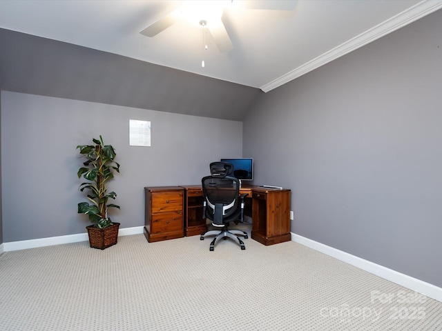 1509 Churchill Downs Dr, Waxhaw, NC 28173 - carpeted office with baseboards, lofted ceiling, ceiling fan, and ornamental molding