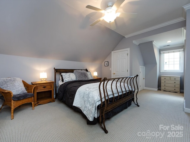 1509 Churchill Downs Dr, Waxhaw, NC 28173 - carpeted bedroom with ornamental molding, baseboards, ceiling fan, and lofted ceiling