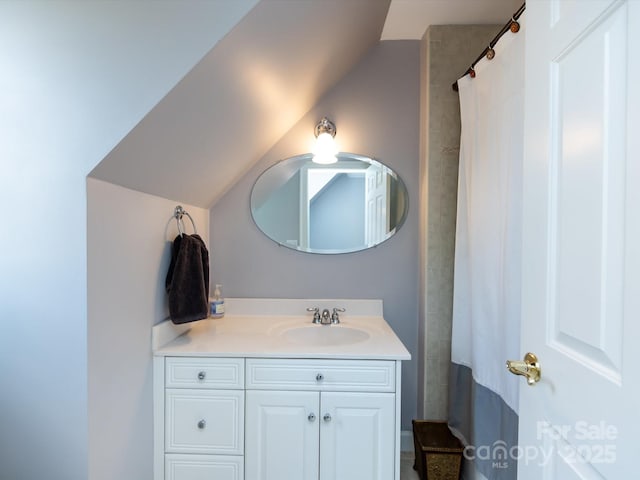 1509 Churchill Downs Dr, Waxhaw, NC 28173 - full bathroom with vanity, lofted ceiling, and a shower with shower curtain