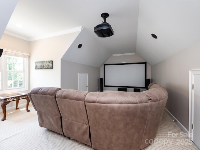 1509 Churchill Downs Dr, Waxhaw, NC 28173 - home theater room featuring light colored carpet, baseboards, and lofted ceiling