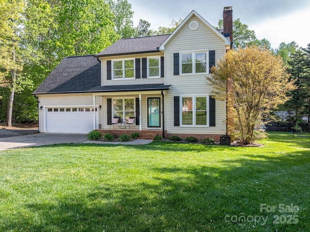 107 Ingonish Dr, Gastonia, NC 28056 - traditional home with concrete driveway, an attached garage, covered porch, a chimney, and roof with shingles