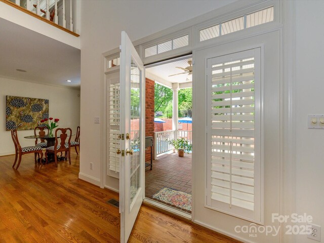 1209 S S St, Gastonia, NC 28052 - doorway to outside with ceiling fan, wood finished floors, and french doors