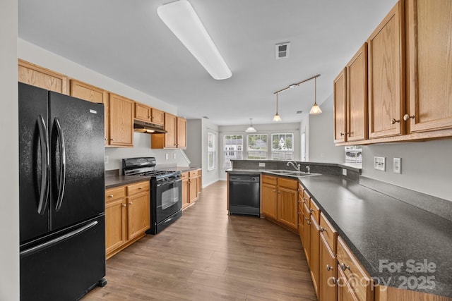 423 Courtland Ct, Kannapolis, NC 28081 - kitchen featuring black appliances, a sink, a peninsula, dark countertops, and wood finished floors