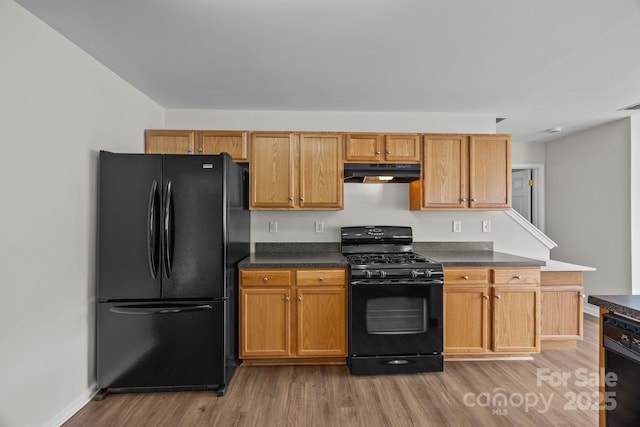 423 Courtland Ct, Kannapolis, NC 28081 - kitchen with black appliances, under cabinet range hood, light wood finished floors, and dark countertops