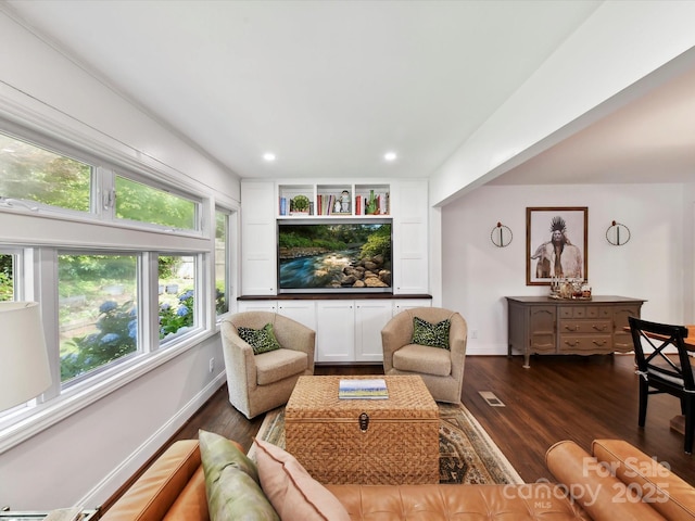 1638 Wensley Dr, Charlotte, NC 28210 - living area with dark wood-style flooring, baseboards, and recessed lighting