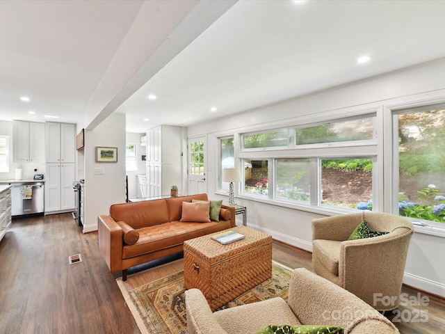 1638 Wensley Dr, Charlotte, NC 28210 - living room featuring baseboards, dark wood-type flooring, and recessed lighting