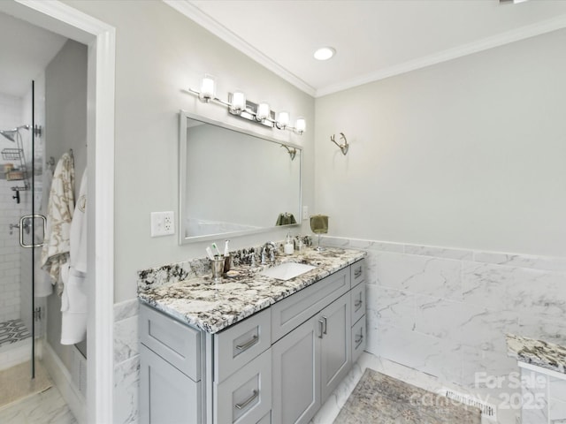 1638 Wensley Dr, Charlotte, NC 28210 - bathroom featuring crown molding, marble look tiles, vanity, a stall shower, and recessed lighting