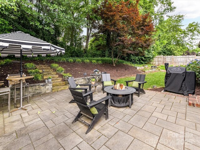 1638 Wensley Dr, Charlotte, NC 28210 - view of patio featuring a fire pit and stairway