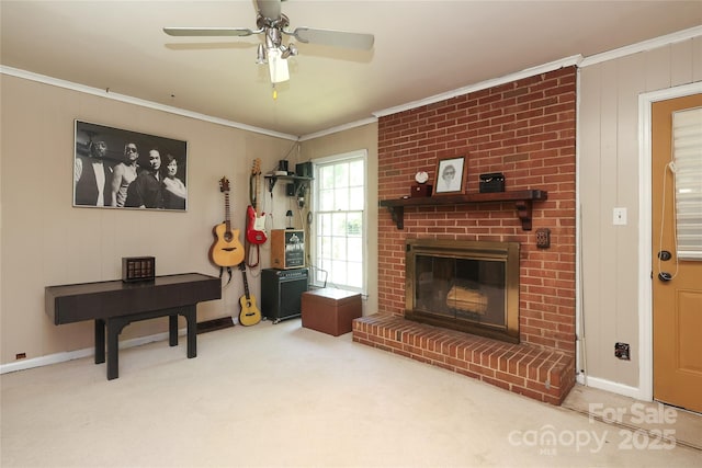 2443 Knickerbocker Dr, Charlotte, NC 28212 - carpeted living room featuring a fireplace, crown molding, and ceiling fan