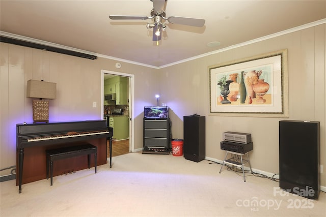 2443 Knickerbocker Dr, Charlotte, NC 28212 - living area with ornamental molding, carpet, and ceiling fan