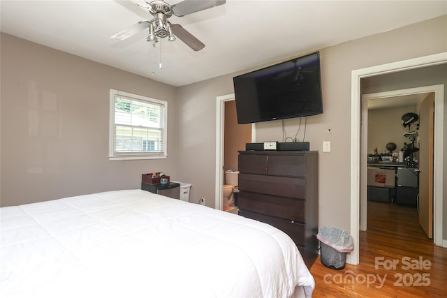2443 Knickerbocker Dr, Charlotte, NC 28212 - bedroom with wood finished floors, ceiling fan, and connected bathroom