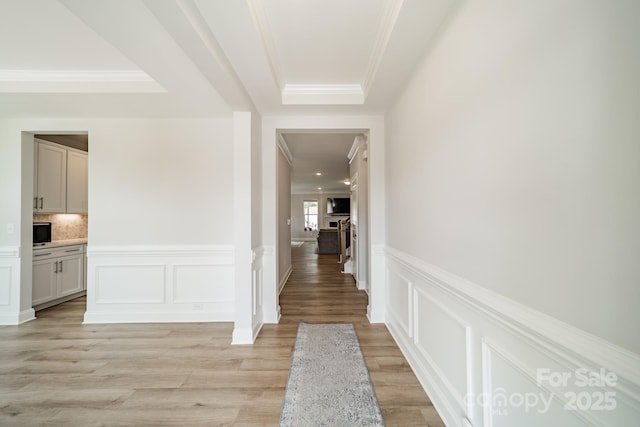 113 Summerhill Dr, Mooresville, NC 28115 - corridor with a decorative wall, light wood-type flooring, ornamental molding, a tray ceiling, and a wainscoted wall