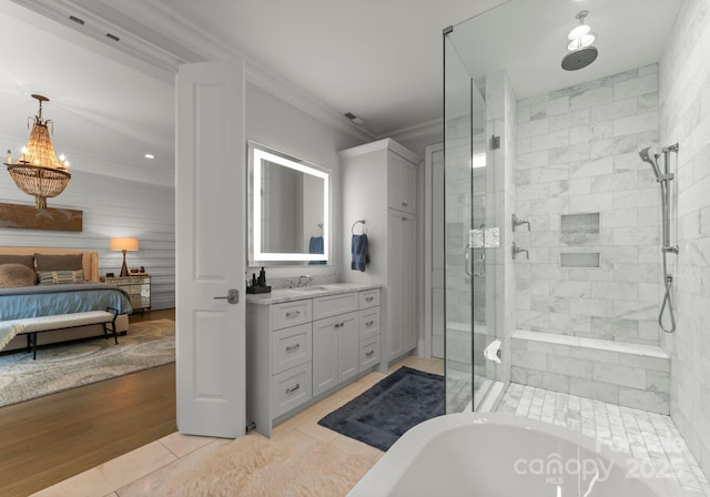 1160 S Kings Dr, Charlotte, NC 28207 - full bath featuring a shower stall, connected bathroom, ornamental molding, vanity, and a bathtub