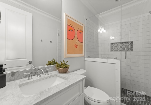 1160 S Kings Dr, Charlotte, NC 28207 - full bathroom featuring ornamental molding, tiled shower, toilet, vanity, and radiator