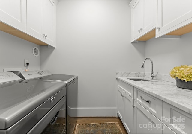1160 S Kings Dr, Charlotte, NC 28207 - laundry area featuring washer and dryer, cabinet space, dark wood-style floors, and baseboards