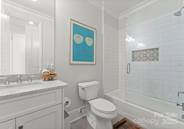 1160 S Kings Dr, Charlotte, NC 28207 - full bathroom with ornamental molding, vanity, toilet, bathing tub / shower combination, and baseboards