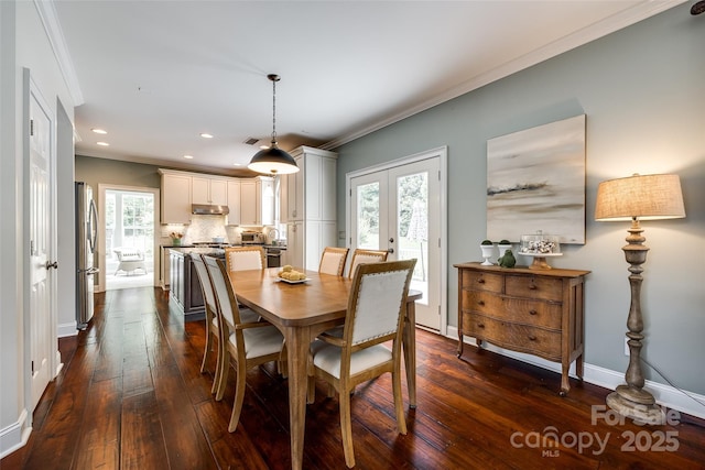 701 Larkridge Ct, Rock Hill, SC 29730 - dining space with french doors, ornamental molding, dark wood-style floors, recessed lighting, and baseboards