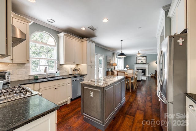 701 Larkridge Ct, Rock Hill, SC 29730 - kitchen with appliances with stainless steel finishes, a sink, ornamental molding, open floor plan, and decorative backsplash