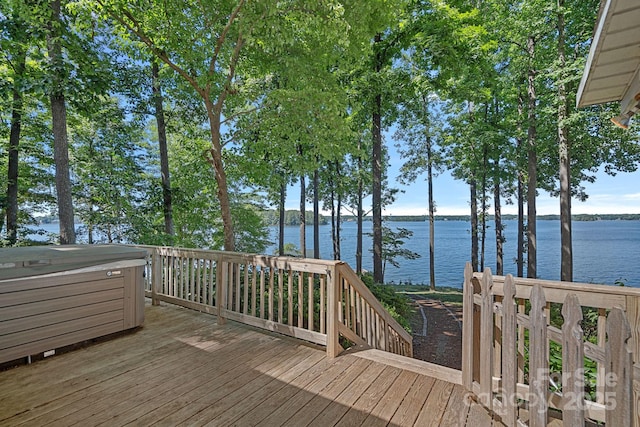392 Stonemarker Rd, Mooresville, NC 28117 - wooden terrace with a hot tub and a water view