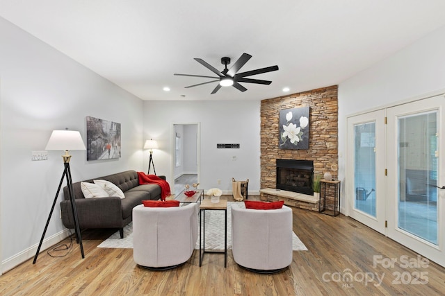 21 Hope Rd, Weaverville, NC 28787 - living area featuring wood finished floors, a fireplace, ceiling fan, recessed lighting, and baseboards