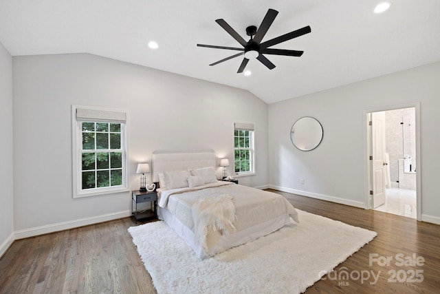 21 Hope Rd, Weaverville, NC 28787 - bedroom featuring lofted ceiling, baseboards, wood finished floors, recessed lighting, and ensuite bathroom
