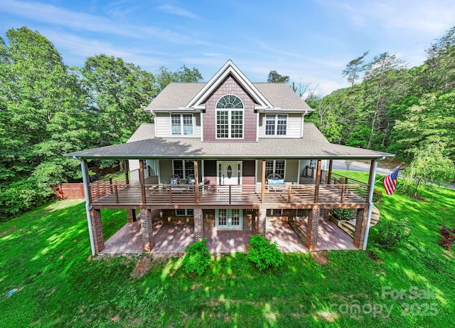 21 Hope Rd, Weaverville, NC 28787 - back of house with a patio area, french doors, a lawn, roof with shingles, and a deck