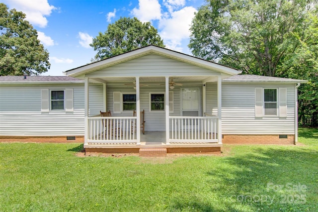 4648 Rifle Range Rd, Conover, NC 28613 - view of front of house featuring crawl space, a porch, a front yard, a ceiling fan, and a shingled roof