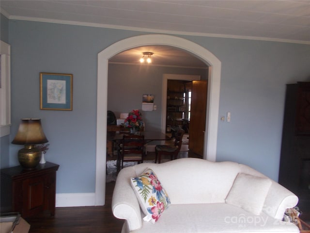 187 Cartledge Creek Rd, Rockingham, NC 28379 - living area featuring arched walkways, crown molding, wood finished floors, and baseboards