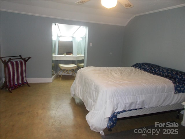 187 Cartledge Creek Rd, Rockingham, NC 28379 - bedroom featuring ornamental molding, vaulted ceiling, baseboards, and ceiling fan