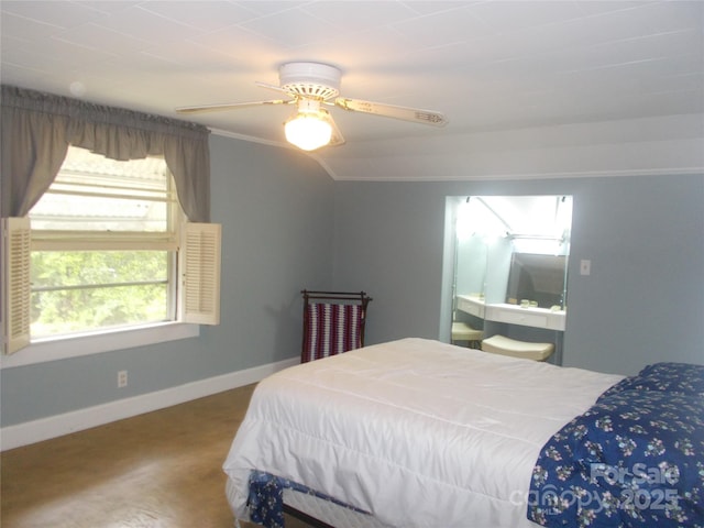 187 Cartledge Creek Rd, Rockingham, NC 28379 - bedroom featuring baseboards, ornamental molding, a ceiling fan, and attic access