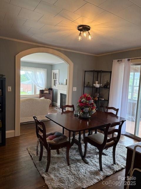 187 Cartledge Creek Rd, Rockingham, NC 28379 - dining area featuring arched walkways, dark wood-type flooring, a glass covered fireplace, and crown molding